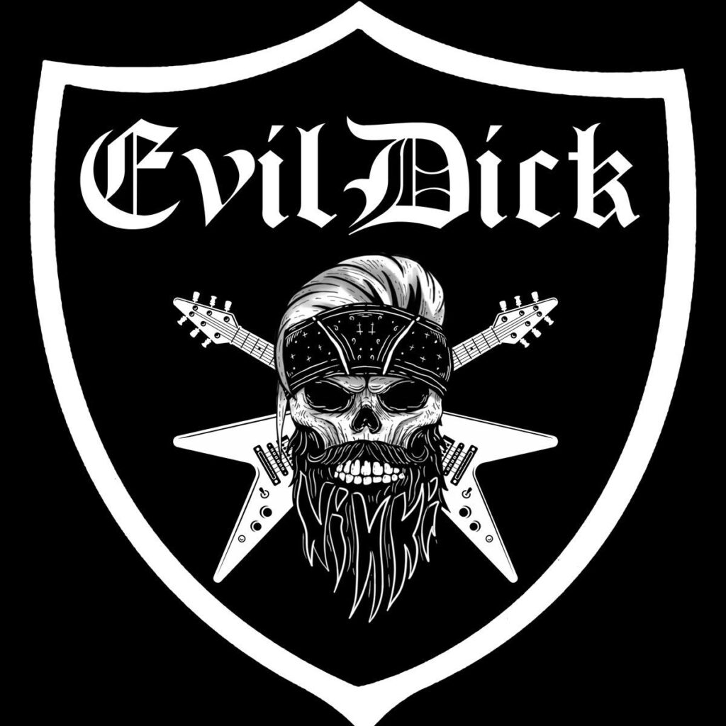 Darstellung Evil Dick Band Logo mit Skull, Bandnamen und Gitarren.